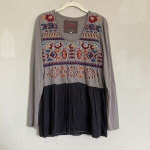 Johnny Was Los Angeles Embroidered Top MEDIUM Long Sleeve Babydoll Art to Wear